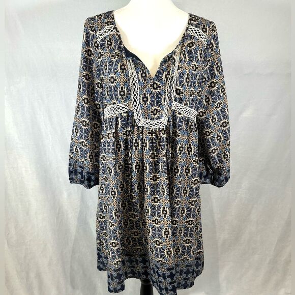 Boutique blue and tan boho peasant dress size medium - Picture 1 of 5